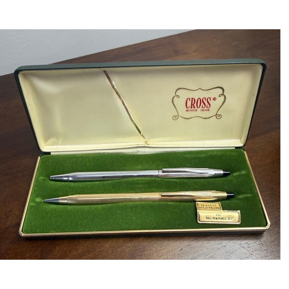 Vintage Cross 4501 Pen and Pencil Set‎ 10K Gold Filled Chrome Engraved with Case
